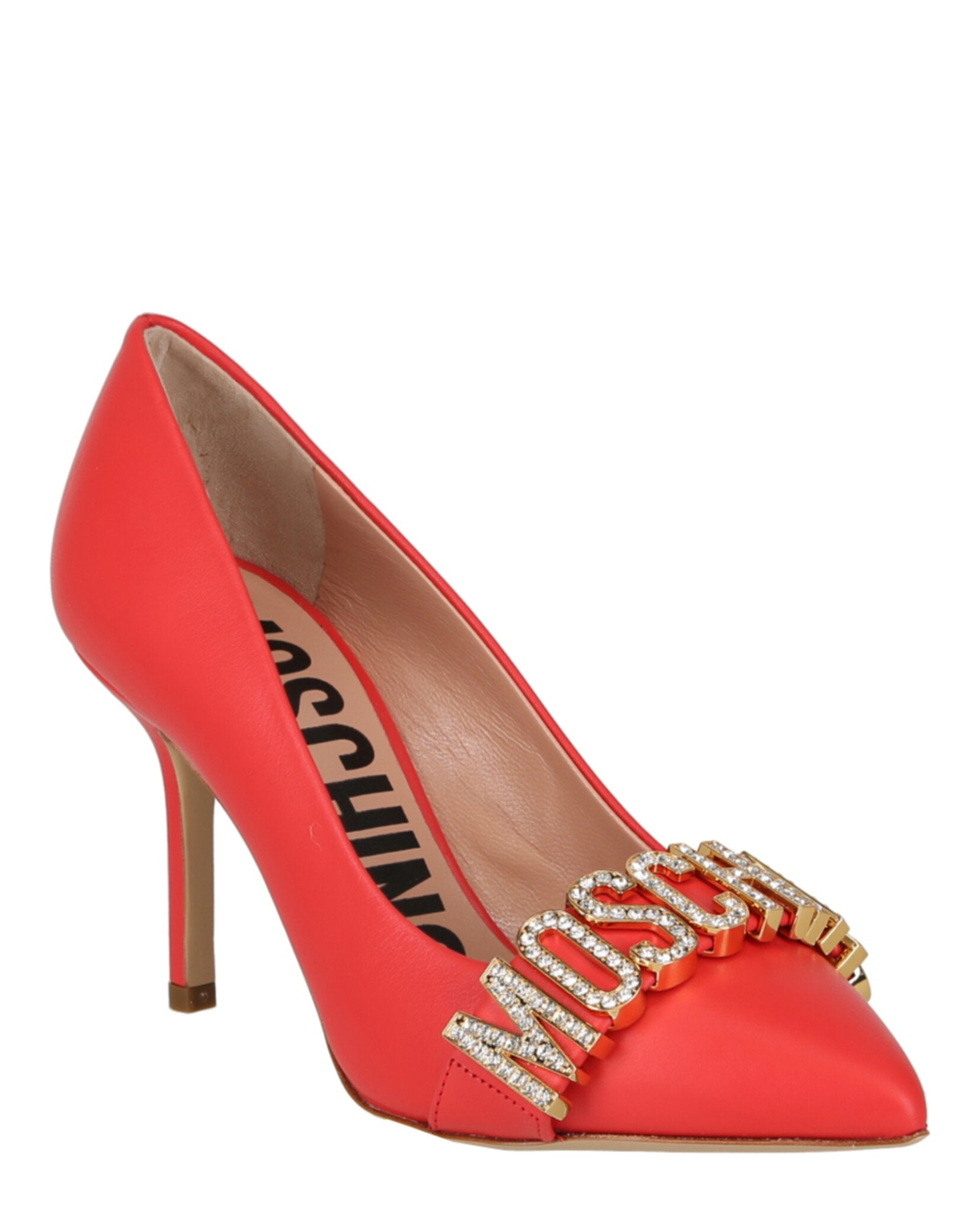 Moschino Womens Crystal Logo Leather Pumps