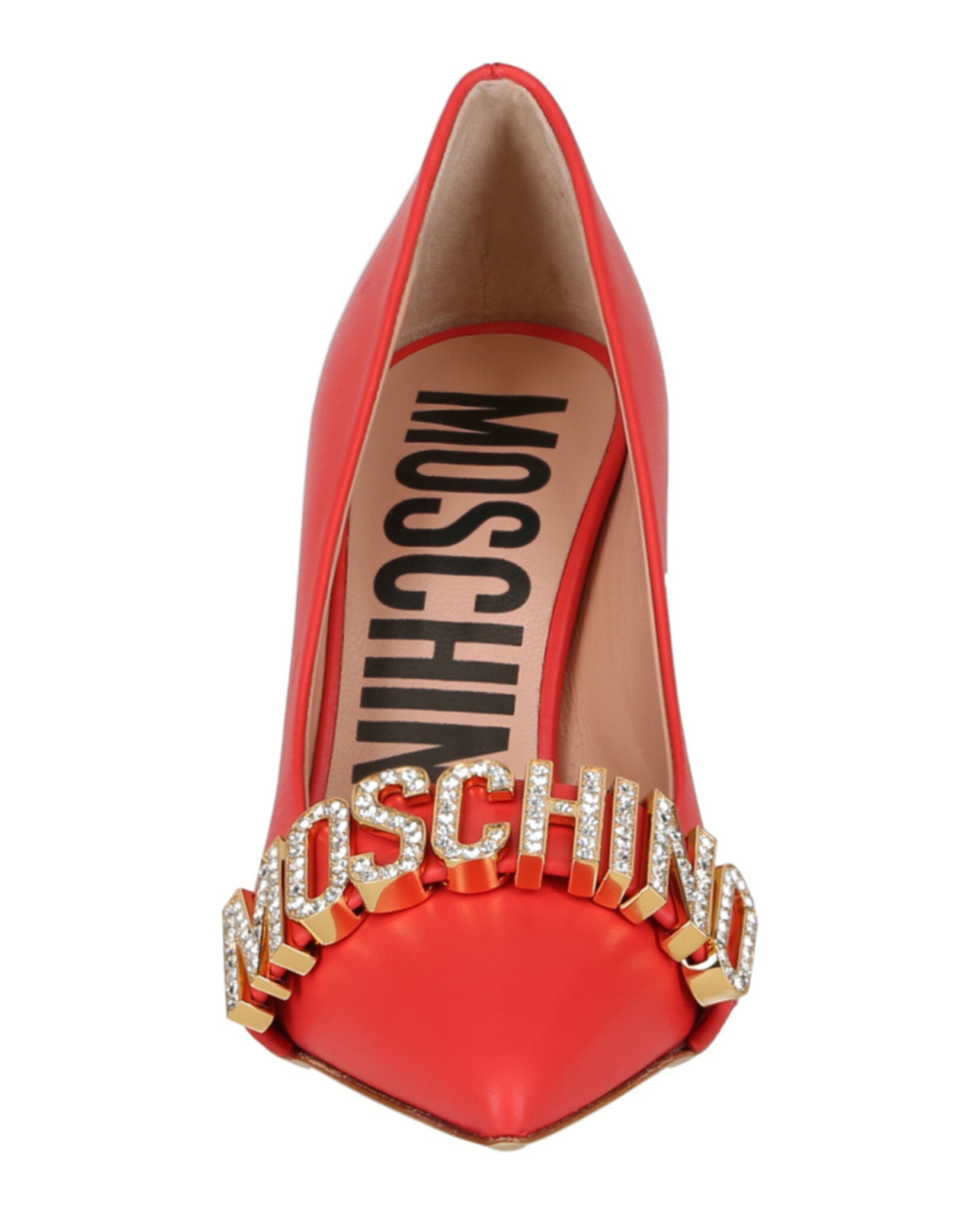 Moschino Womens Crystal Logo Leather Pumps