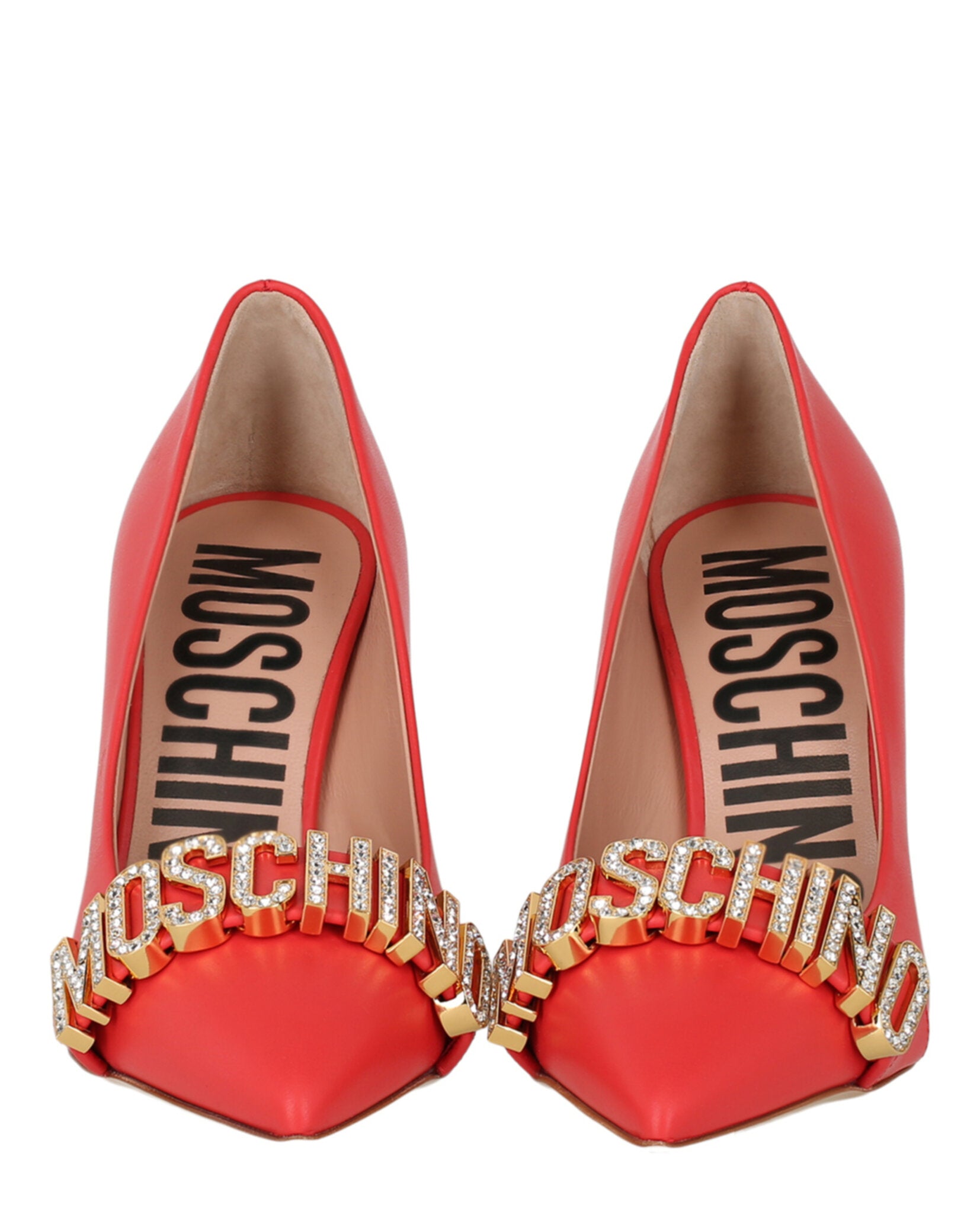 Moschino Womens Crystal Logo Leather Pumps