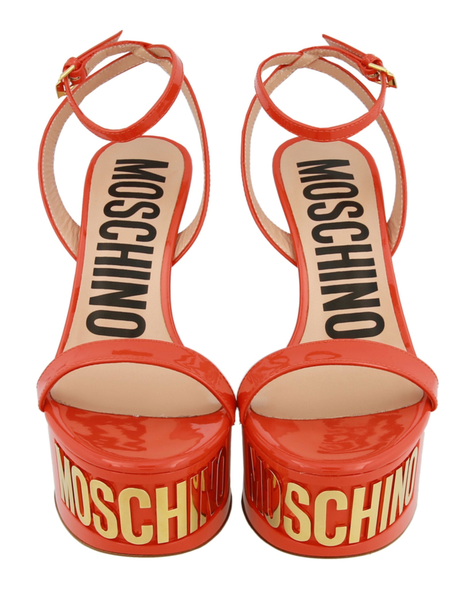Moschino Womens Logo-Letter Patent Leather Platform Pump