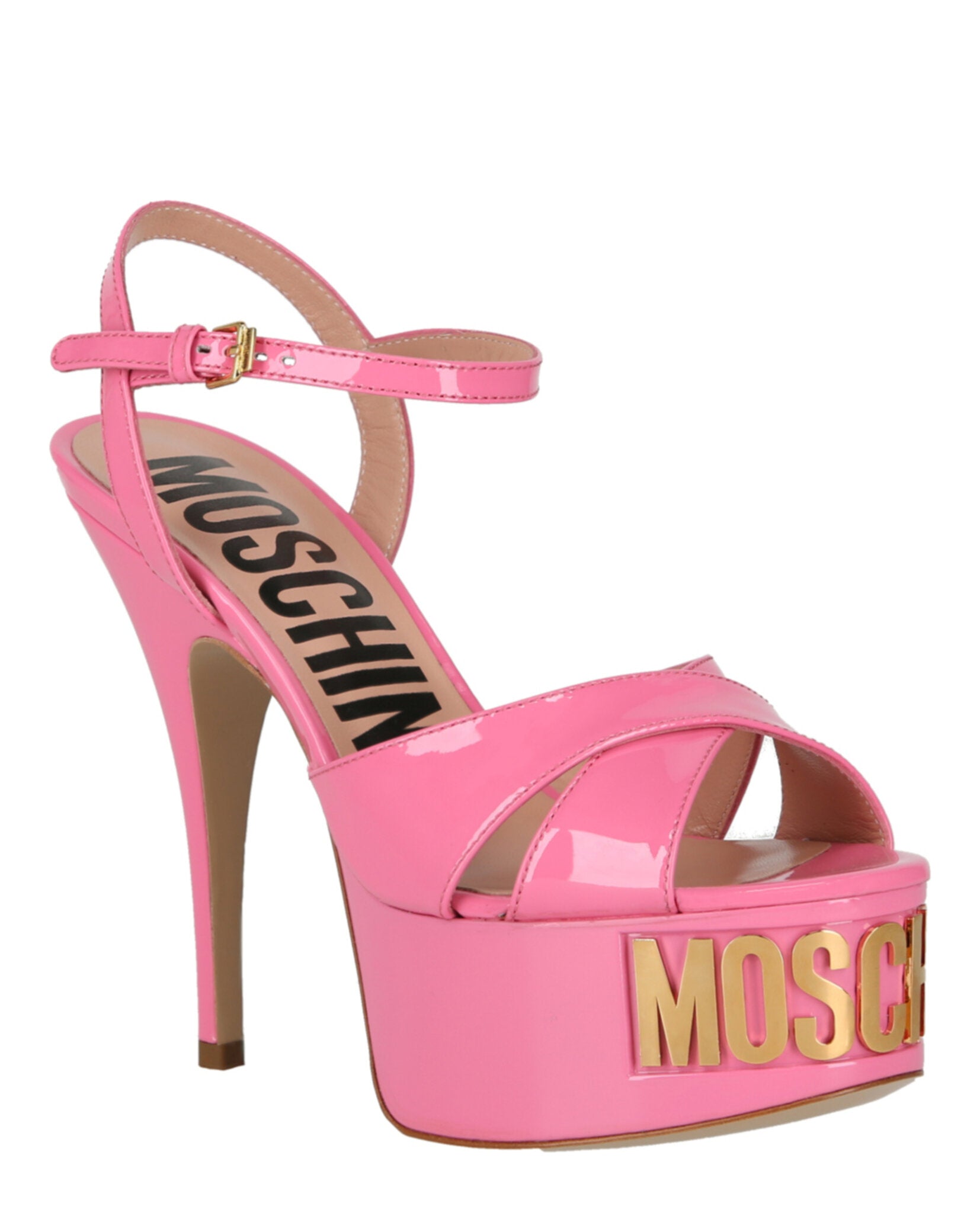 Moschino Womens Patent Leather Logo Heeled Sandals