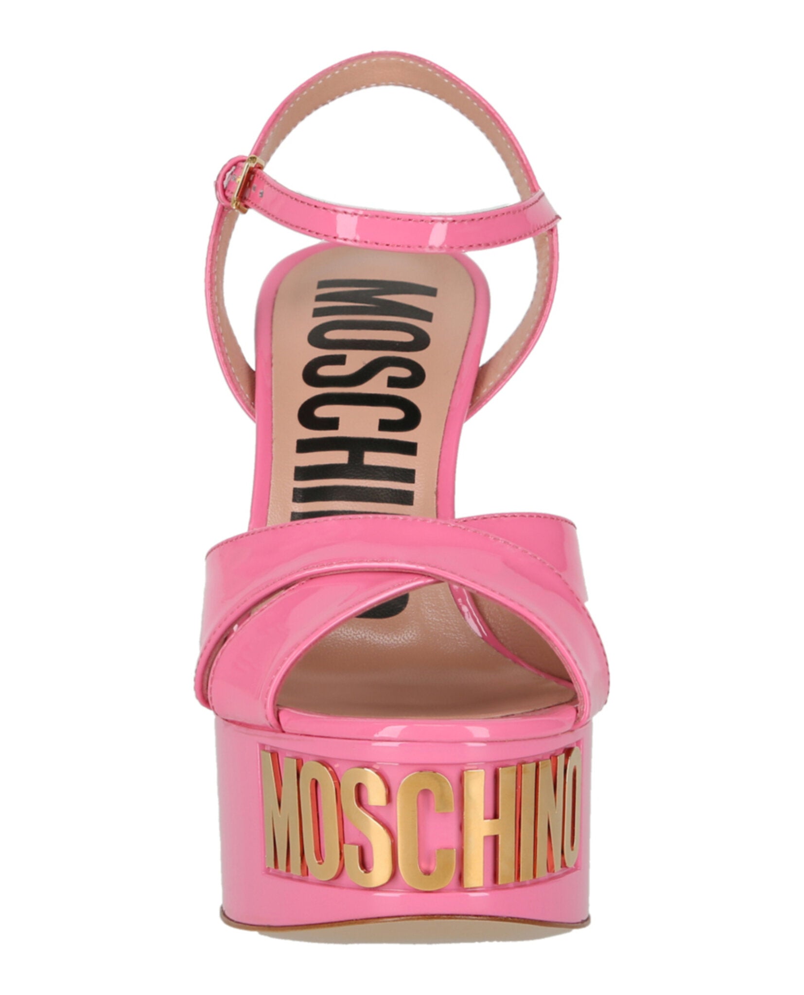 Moschino Womens Patent Leather Logo Heeled Sandals