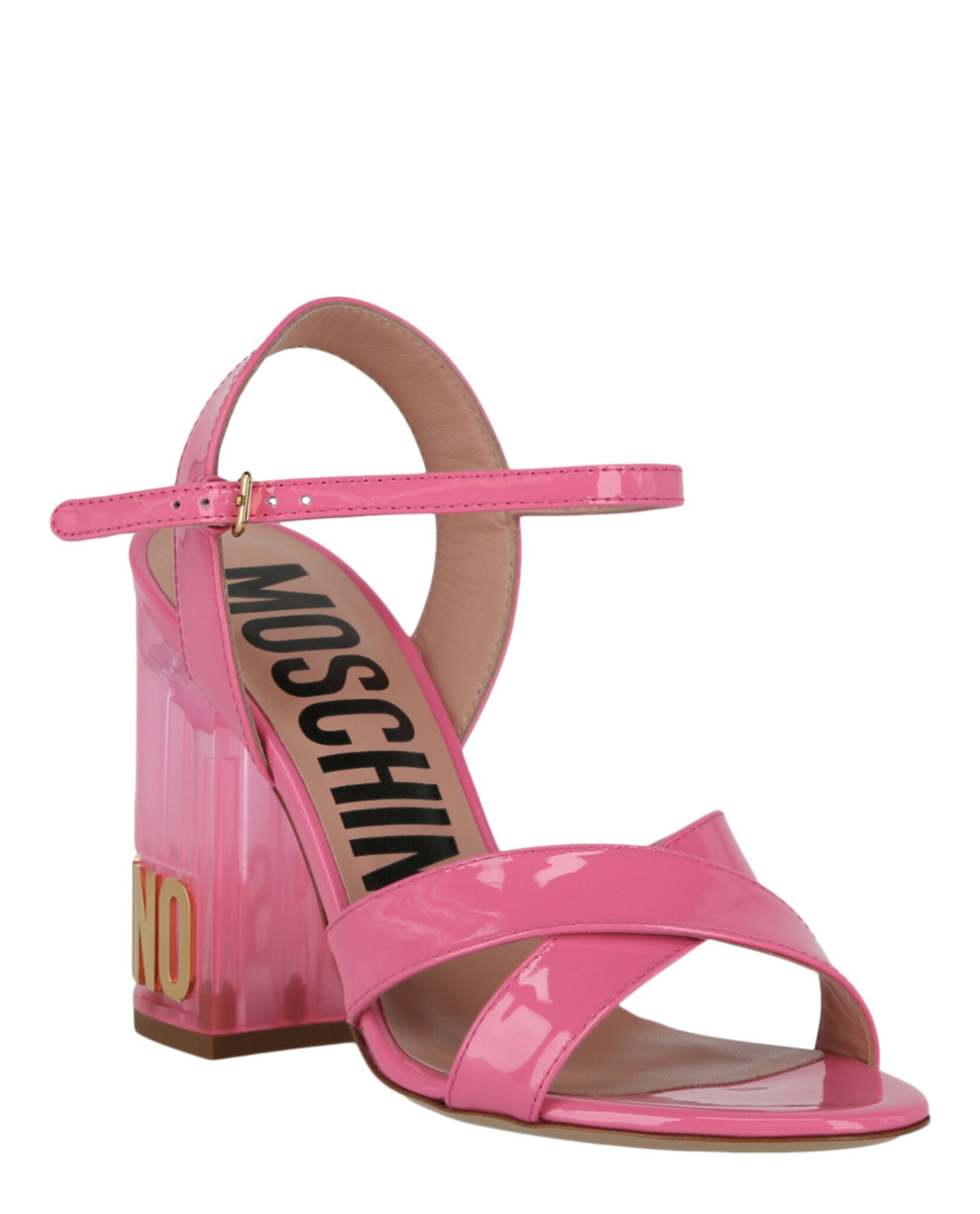 Moschino Womens Patent Leather Logo Heel Sandals