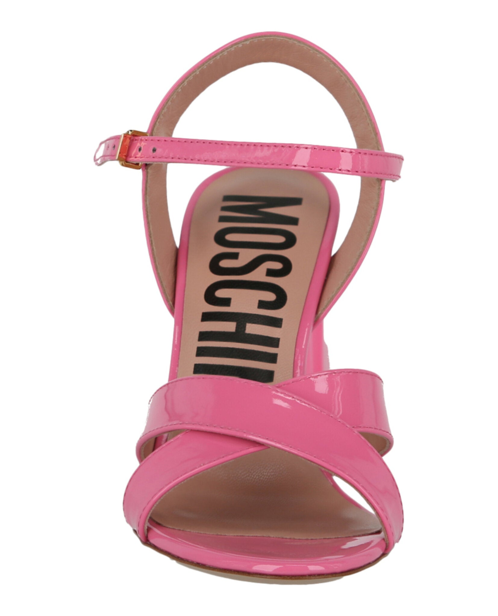Moschino Womens Patent Leather Logo Heel Sandals