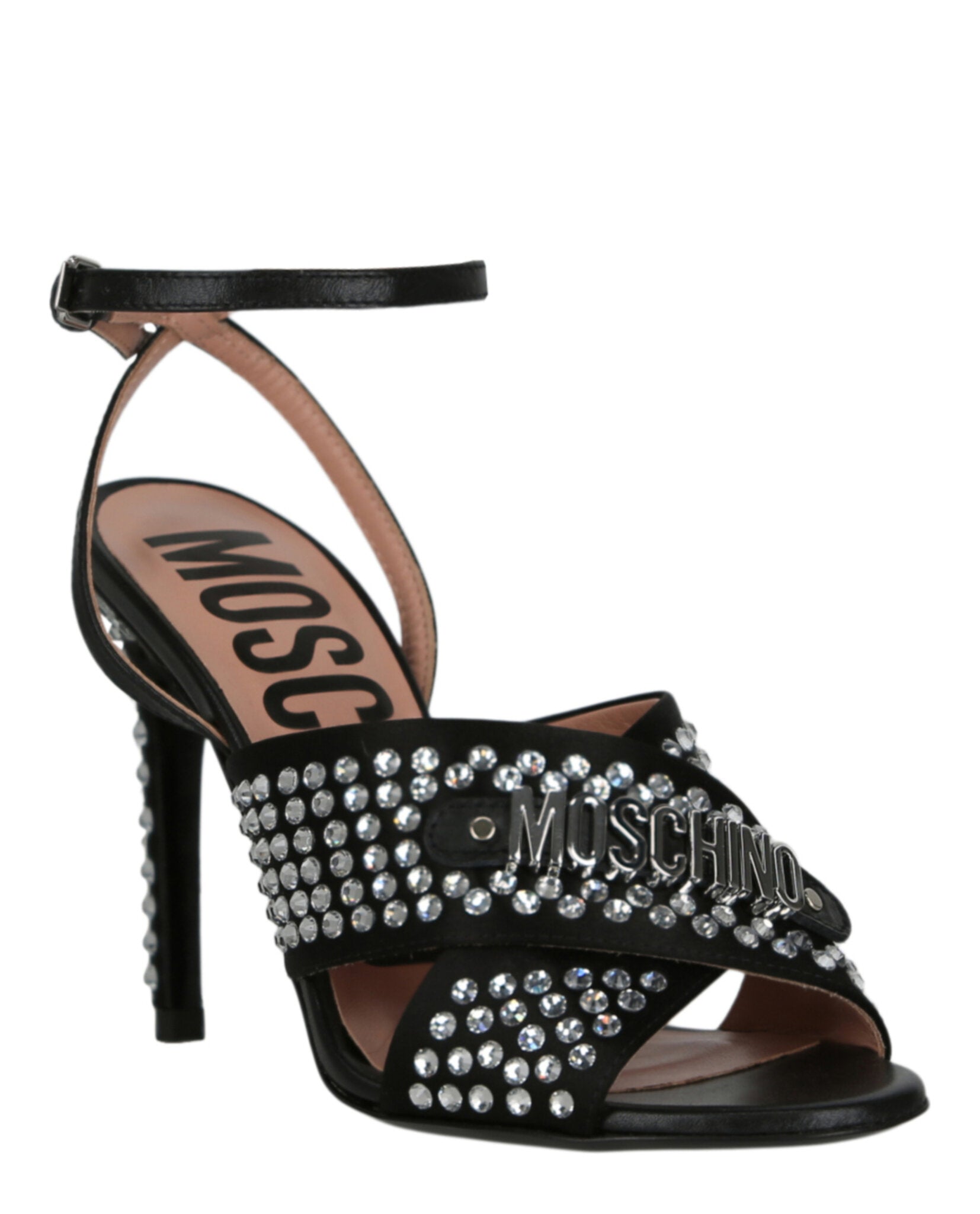 Moschino Womens Satin Crystal Embellished Heel Sandals