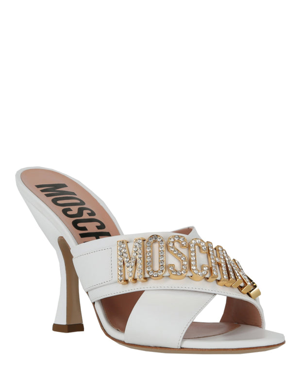Moschino Womens Crystal Logo Leather Mules