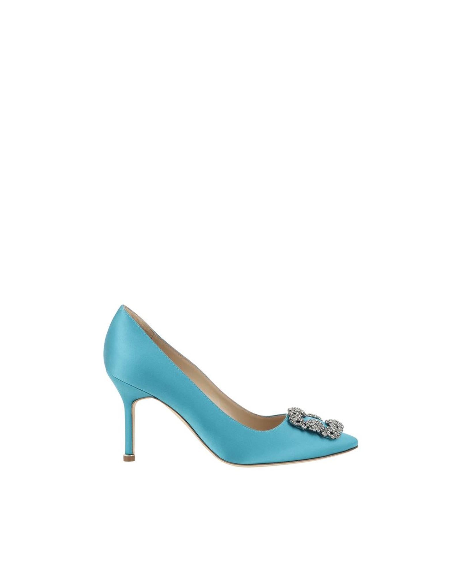Manolo Blahnik Hangisi Satin Pumps Blue Crystal Heels Women Light Blue