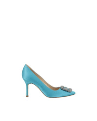 Manolo Blahnik Hangisi Satin Pumps Blue Crystal Heels Women Light Blue