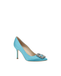 Manolo Blahnik Hangisi Satin Pumps Blue Crystal Heels Women Light Blue