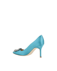 Manolo Blahnik Hangisi Satin Pumps Blue Crystal Heels Women Light Blue