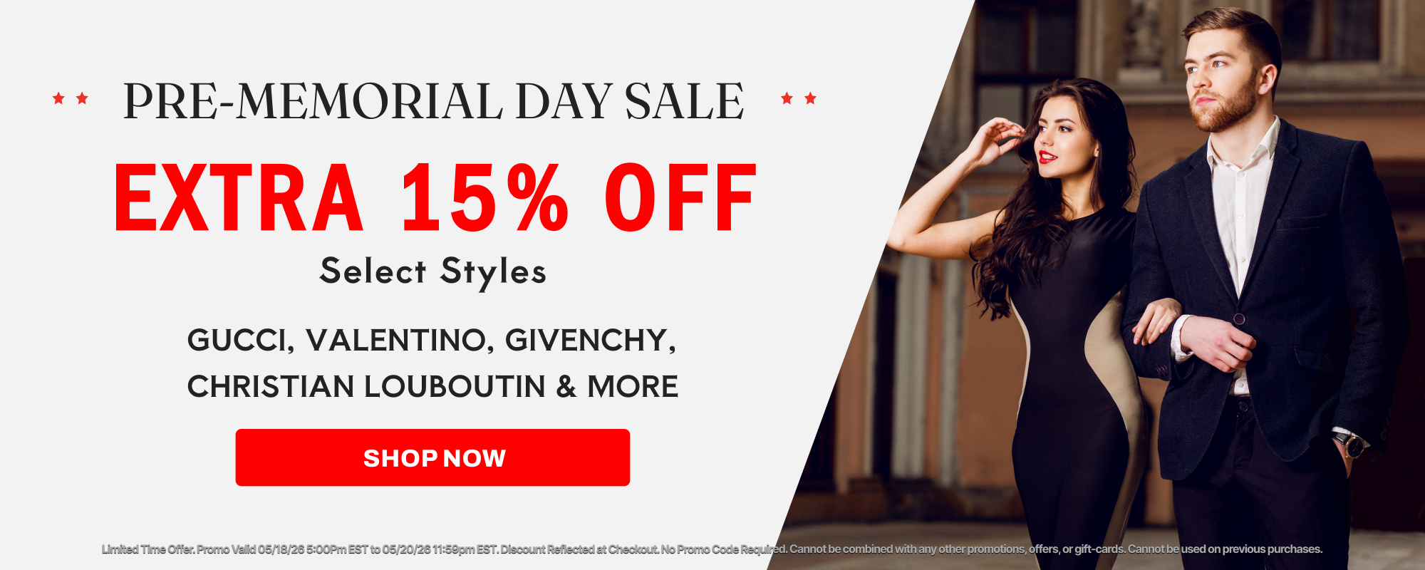 Promotional banner for a pre-Memorial Day sale with a couple in formal attire.