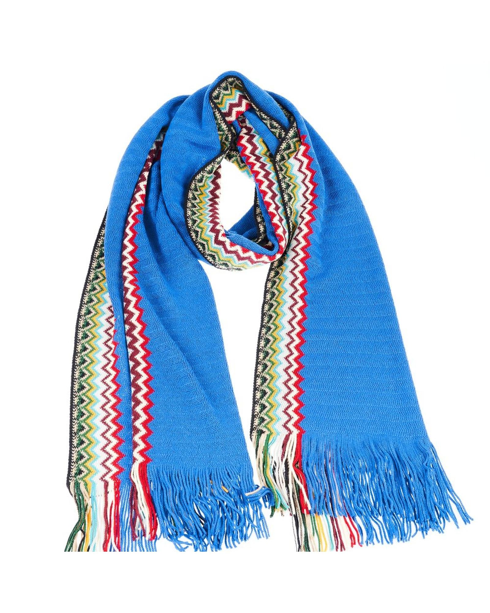 Missoni Zigzag Pattern Scarf Fringed One Size Blue
