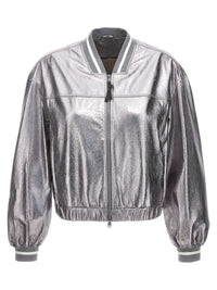 Brunello Cucinelli Women Laminated Leather Bomber Jacket