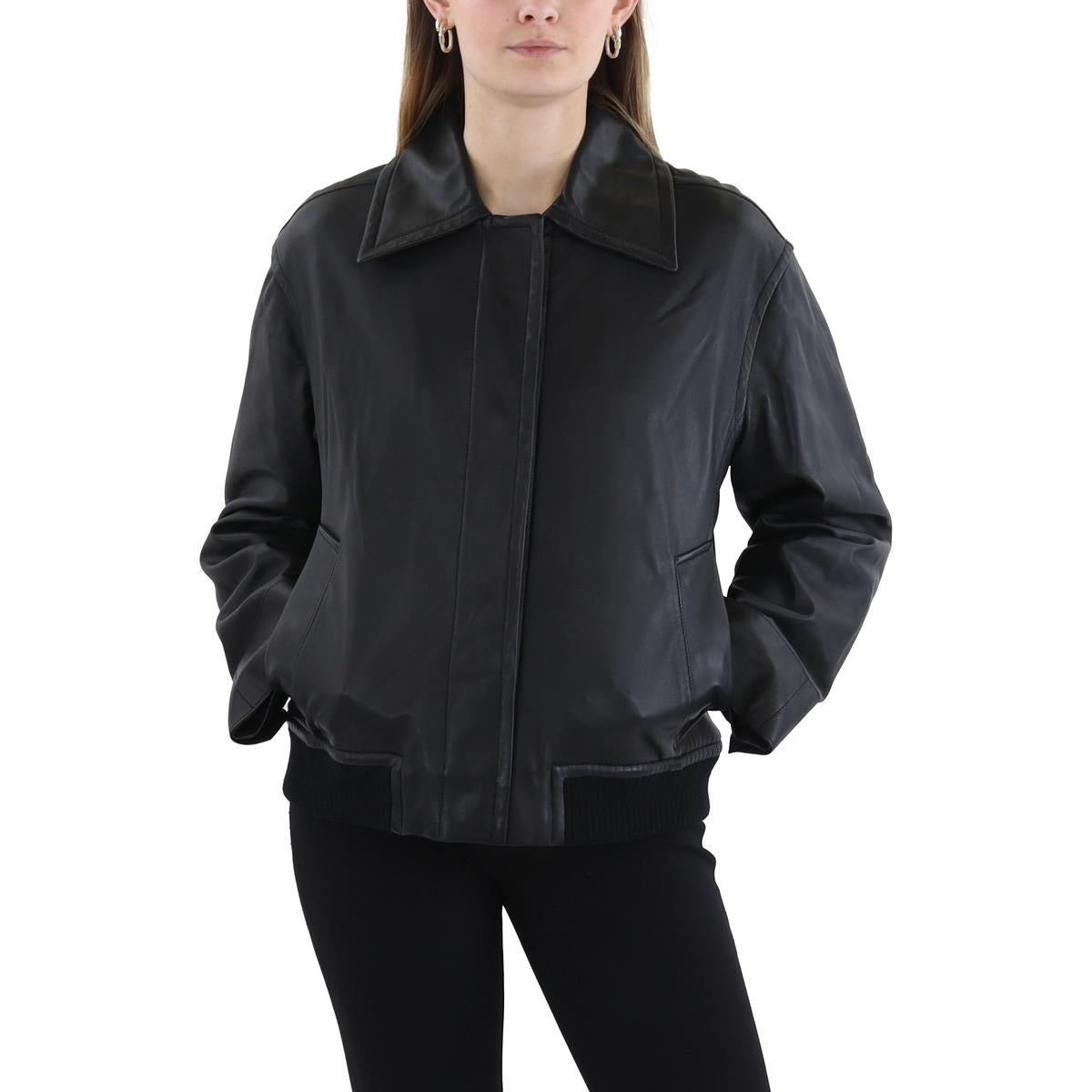 Womens Solid Lambskin Leather Bomber Jacket