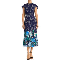 Womens Floral Print Polyester Midi Dress Navy Multi