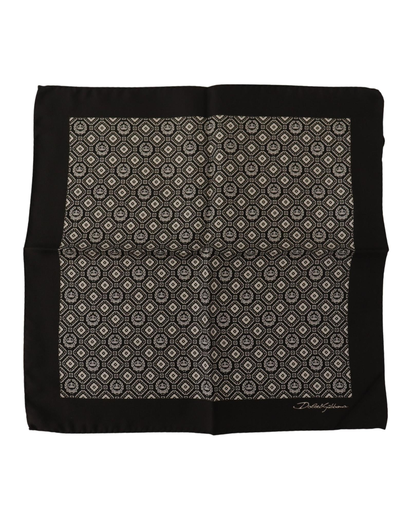 Dolce & Gabbana Black Silk Scarf with Crown and Geometric Pattern One Size Black