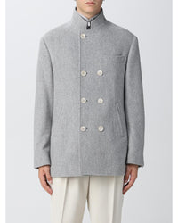 Brunello Cucinelli High Neck Double Breasted Peacoat Men Grey Coats
