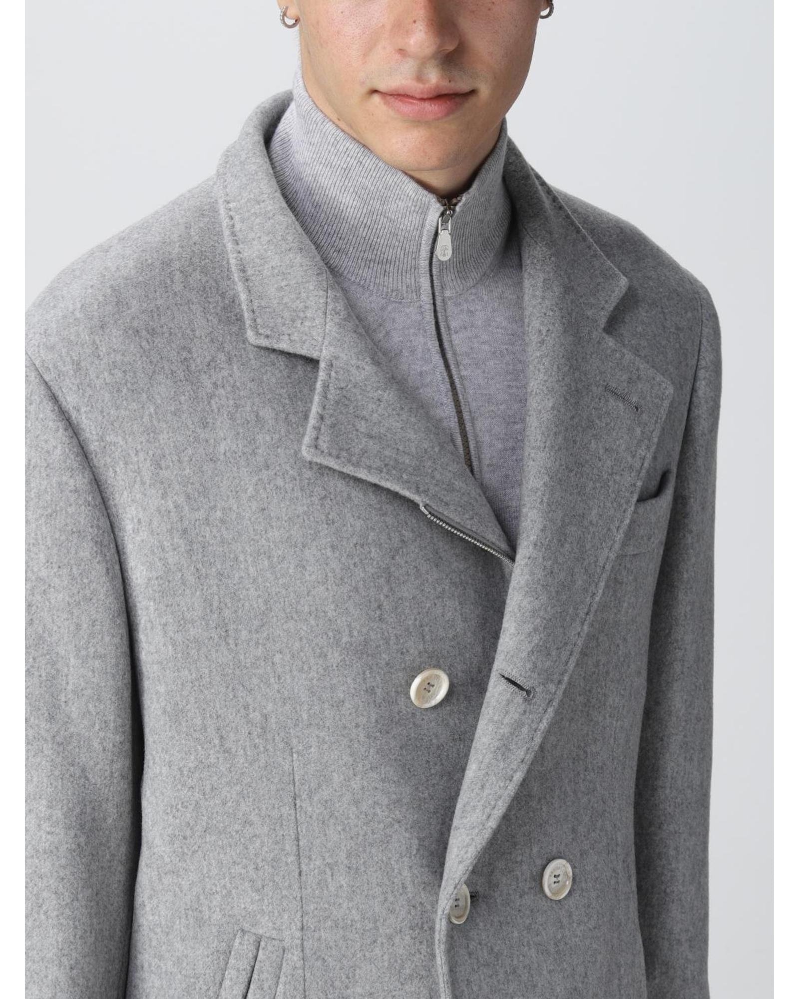 Brunello Cucinelli High Neck Double Breasted Peacoat Men Grey Coats