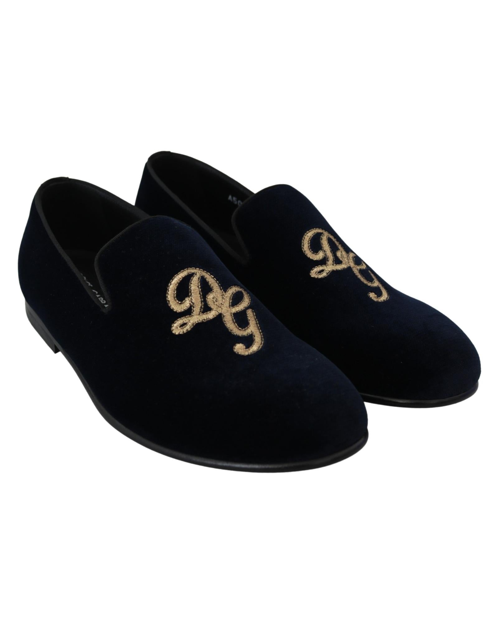 Dolce & Gabbana Velvet Slippers with Embroidered Logo - Blue