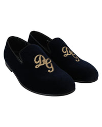 Dolce & Gabbana Velvet Slippers with Embroidered Logo - Blue