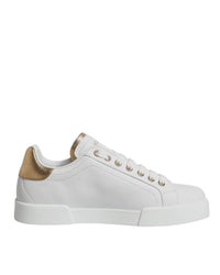 Dolce & Gabbana Luxurious Leather Low-Top Sneakers with Gold-Tone Grained Trim Men White 6.5 White