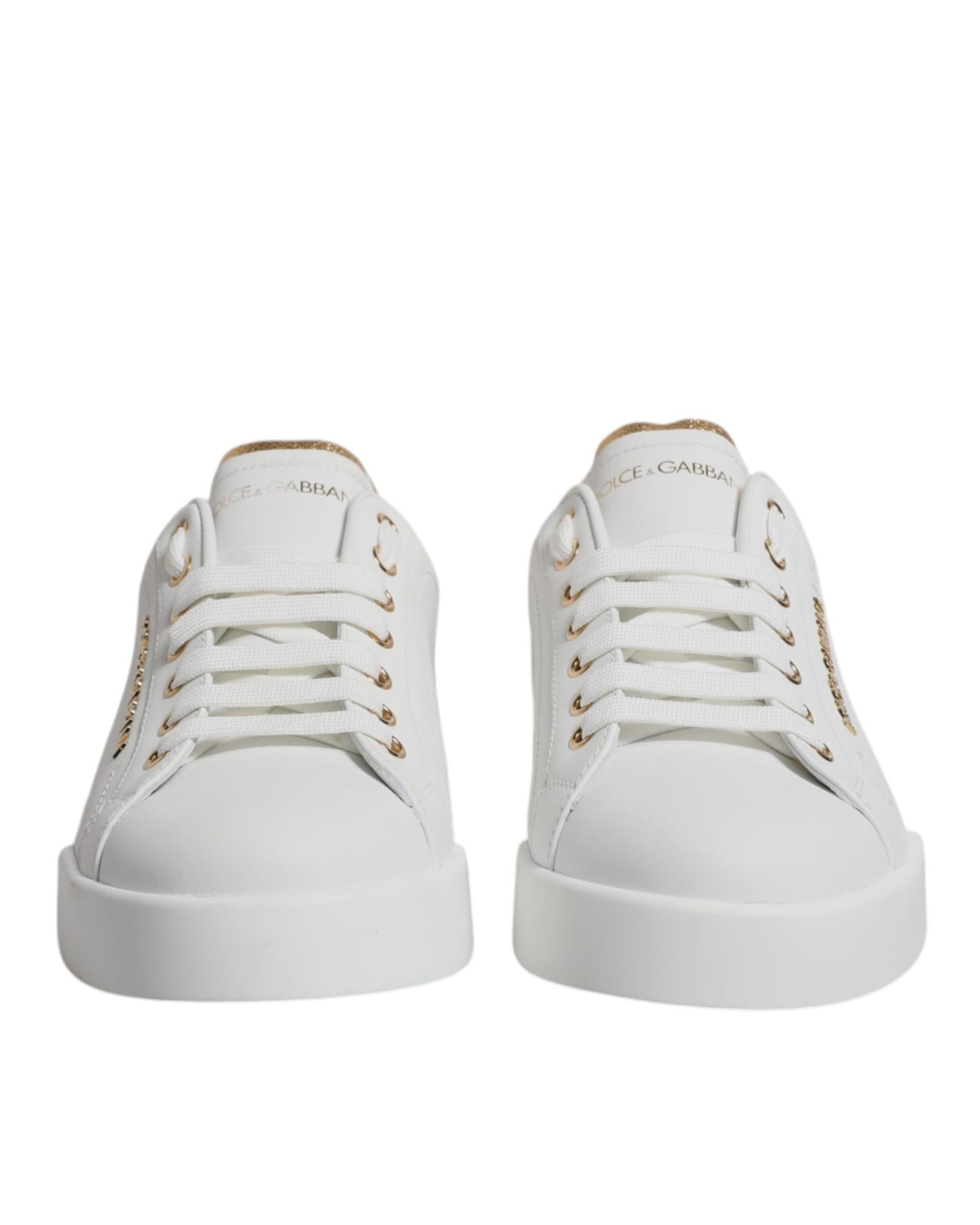 Dolce & Gabbana Luxurious Leather Low-Top Sneakers with Gold-Tone Grained Trim Men White