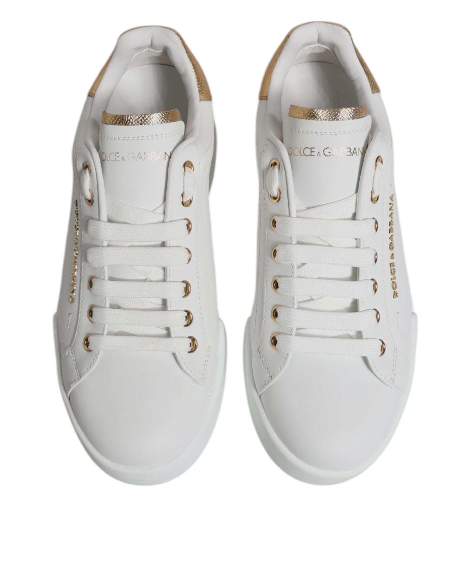 Dolce & Gabbana Luxurious Leather Low-Top Sneakers with Gold-Tone Grained Trim Men White