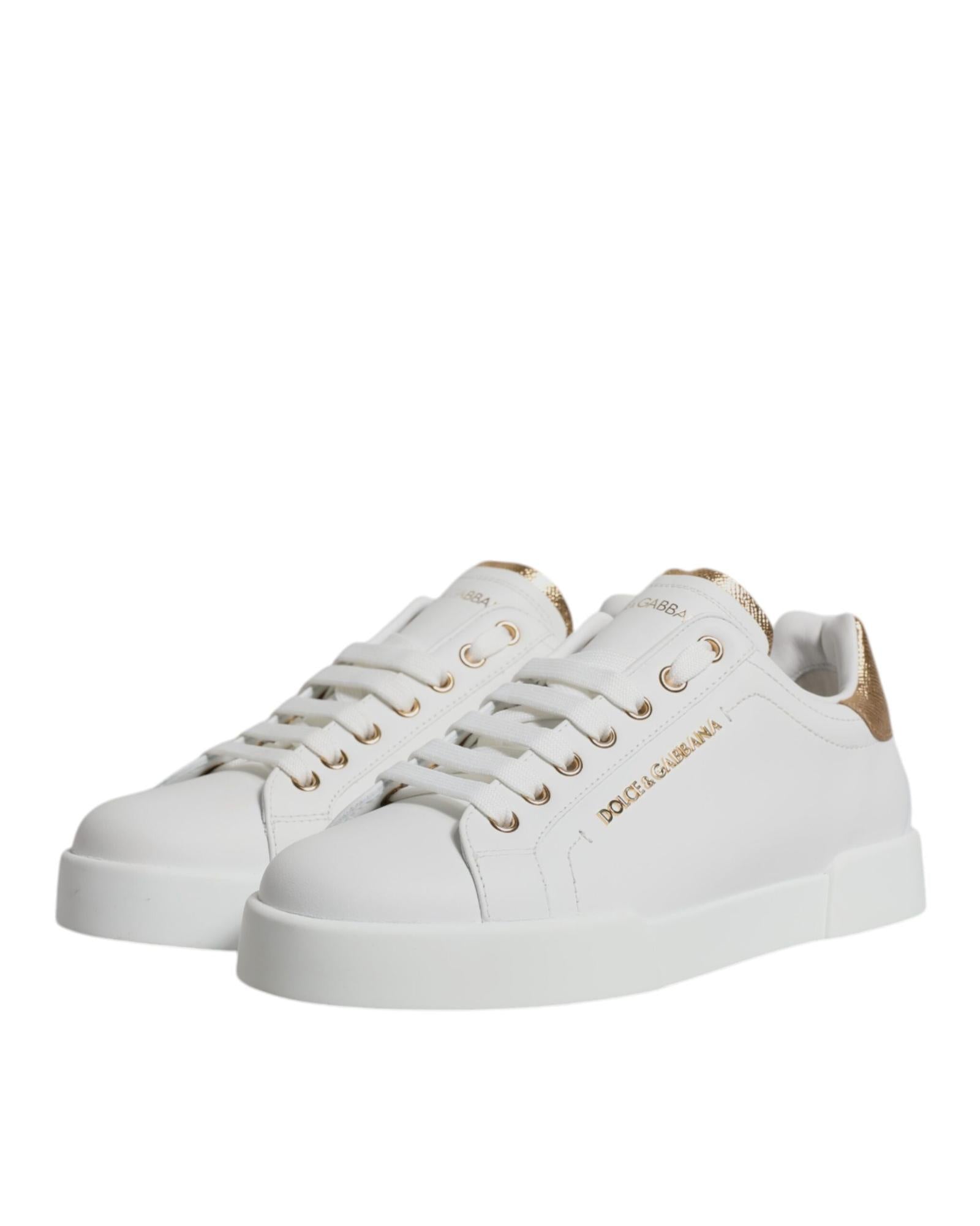 Dolce & Gabbana Luxurious Leather Low-Top Sneakers with Gold-Tone Grained Trim Men White