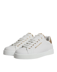 Dolce & Gabbana Luxurious Leather Low-Top Sneakers with Gold-Tone Grained Trim Men White