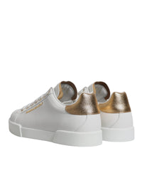 Dolce & Gabbana Luxurious Leather Low-Top Sneakers with Gold-Tone Grained Trim Men White