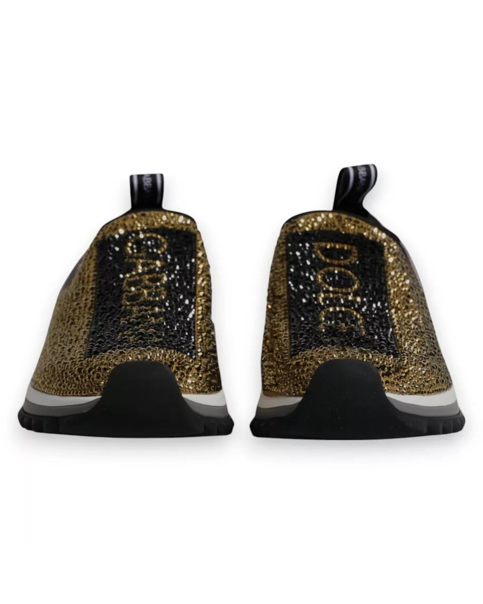 Dolce & Gabbana Rhinestone Embellished Slip-On Sneakers with Ridged Rubber Sole Men Gold Black