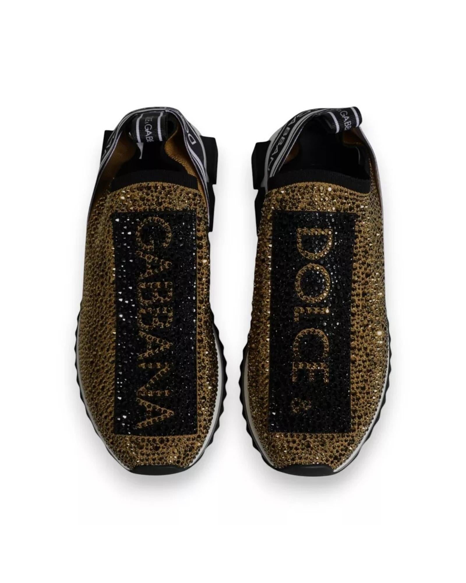 Dolce & Gabbana Rhinestone Embellished Slip-On Sneakers with Ridged Rubber Sole Men Gold Black