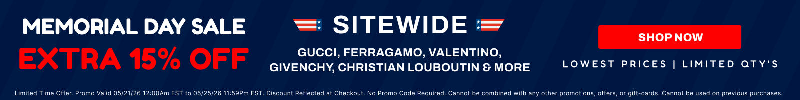 Memorial Day sale banner with discounts on various brands, featuring a red, white, and blue color scheme.