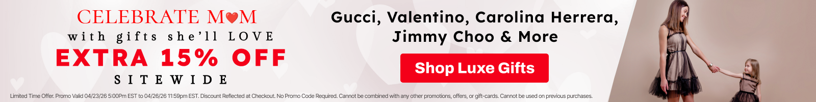 Promotional banner for a Mother's Day sale with various luxury brand names and a shopping cart graphic.