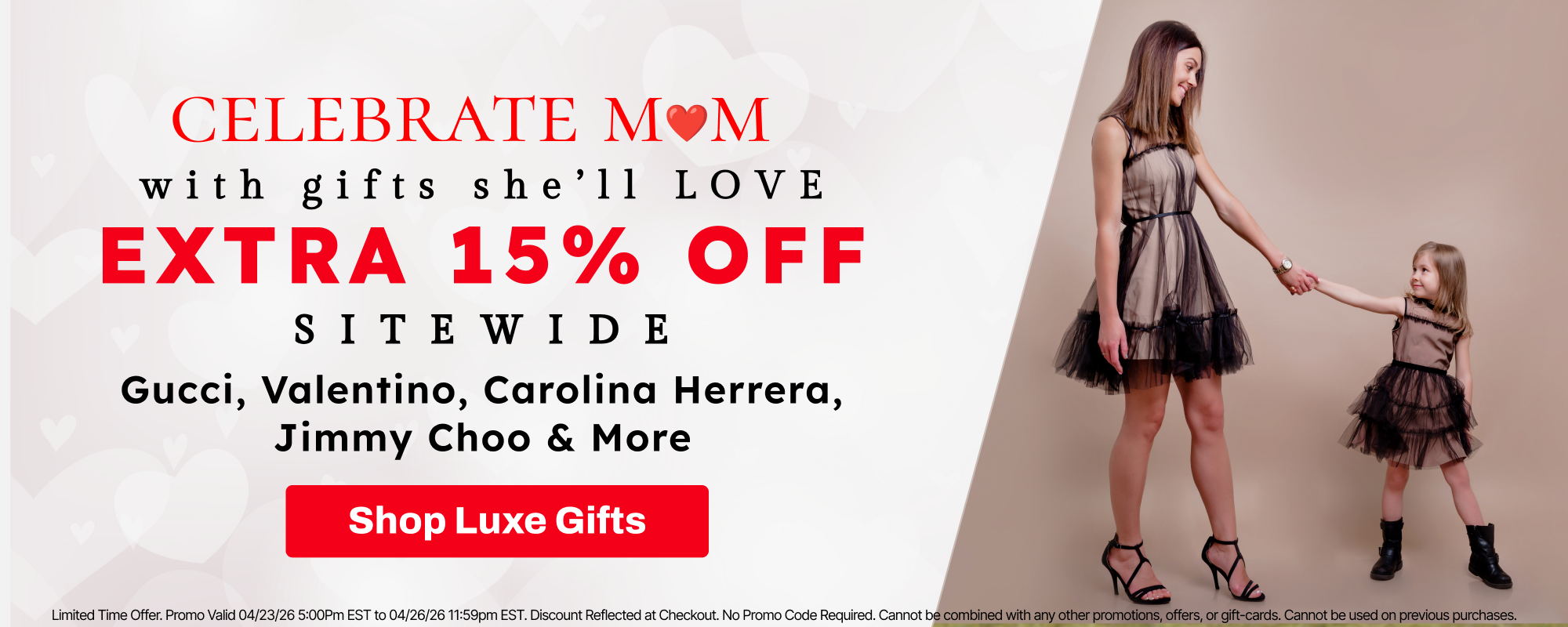 Promotional advertisement for Mother's Day gifts with a woman and child holding hands, featuring discounts on luxury brands.