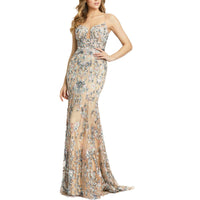 Womens Embroidered Mesh Evening Dress Nude Multi