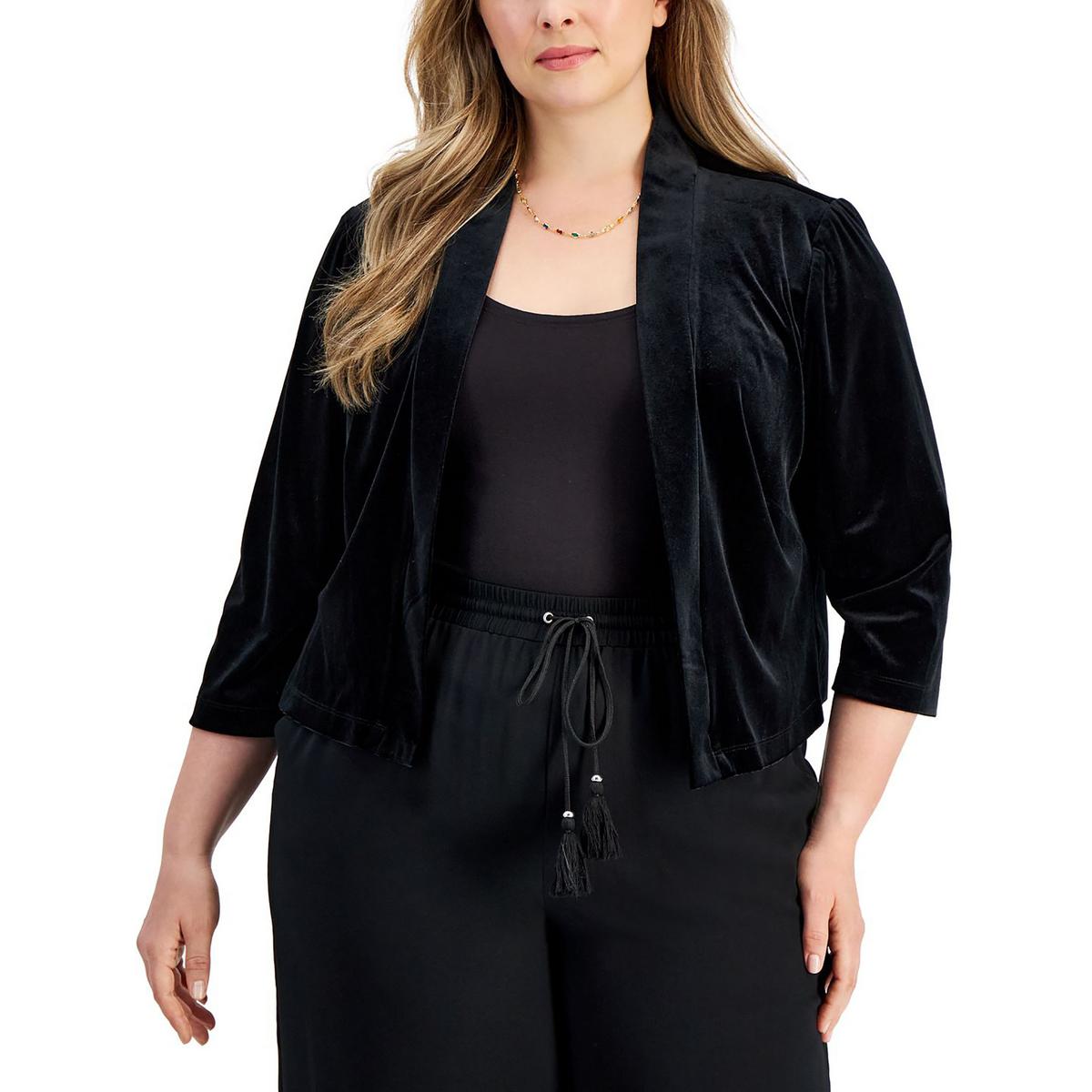 Petites Womens Velvet Dressy Open-Front Blazer Black
