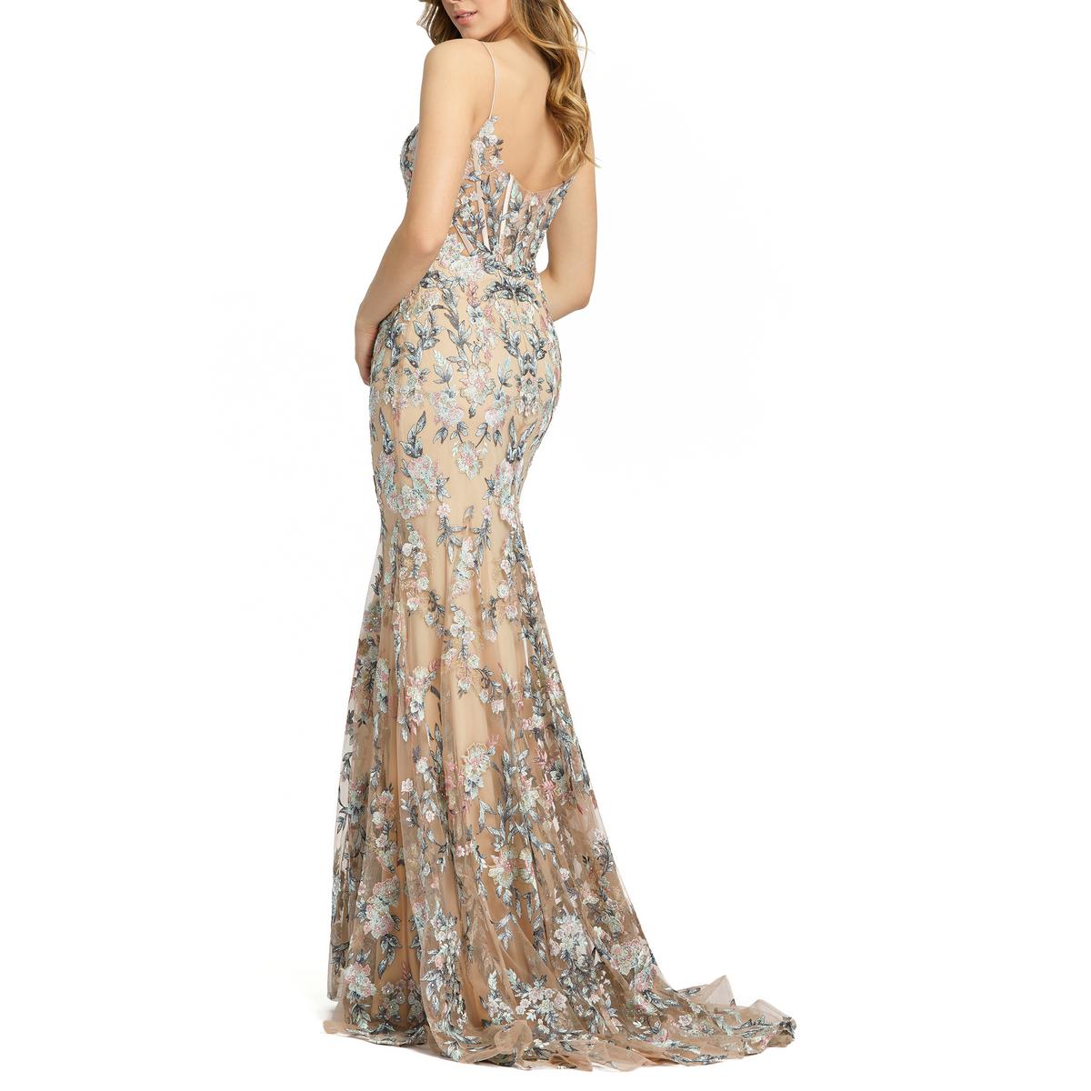 Womens Embroidered Mesh Evening Dress