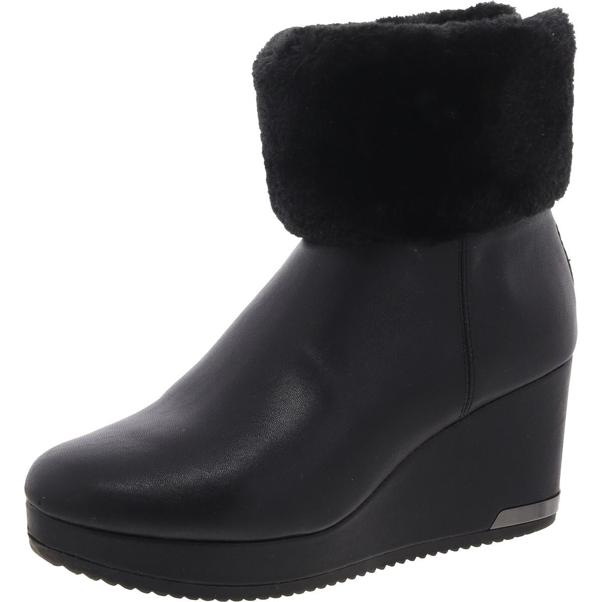 POWELL WEDGE BOOTIE Womens Faux Fur Lined Faux Leather Wedge Boots Black