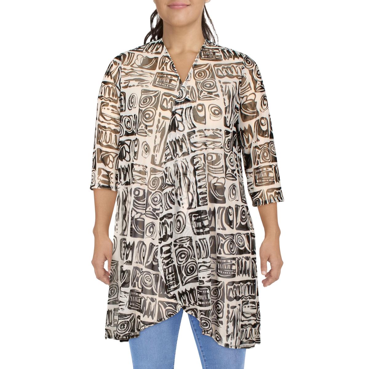 Womens Mesh Printed Duster Blazer Black-Ivory