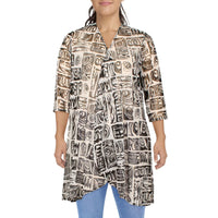 Womens Mesh Printed Duster Blazer Black-Ivory