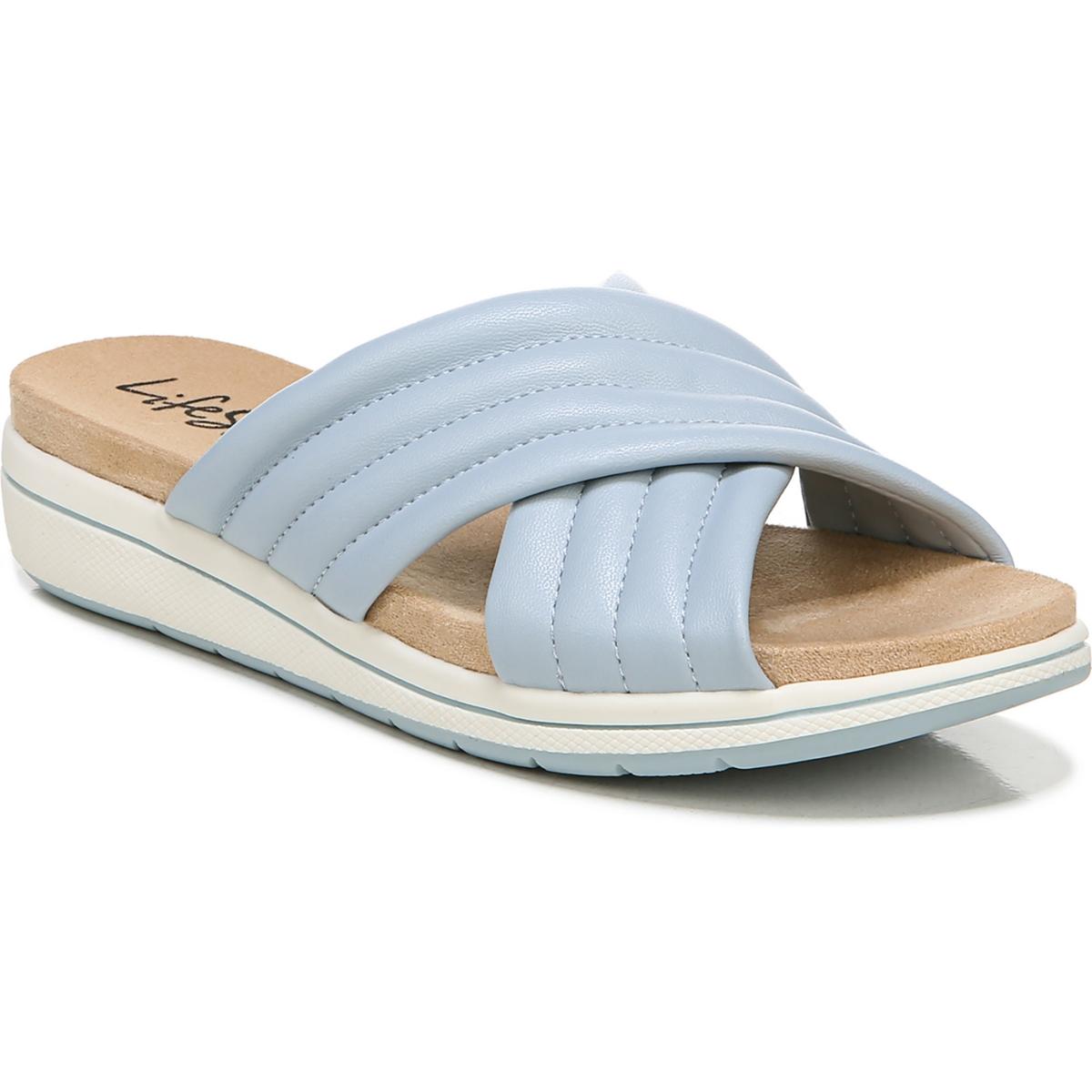 Panama Womens Faux Leather Slip On Wedge Sandals Pearl Blue