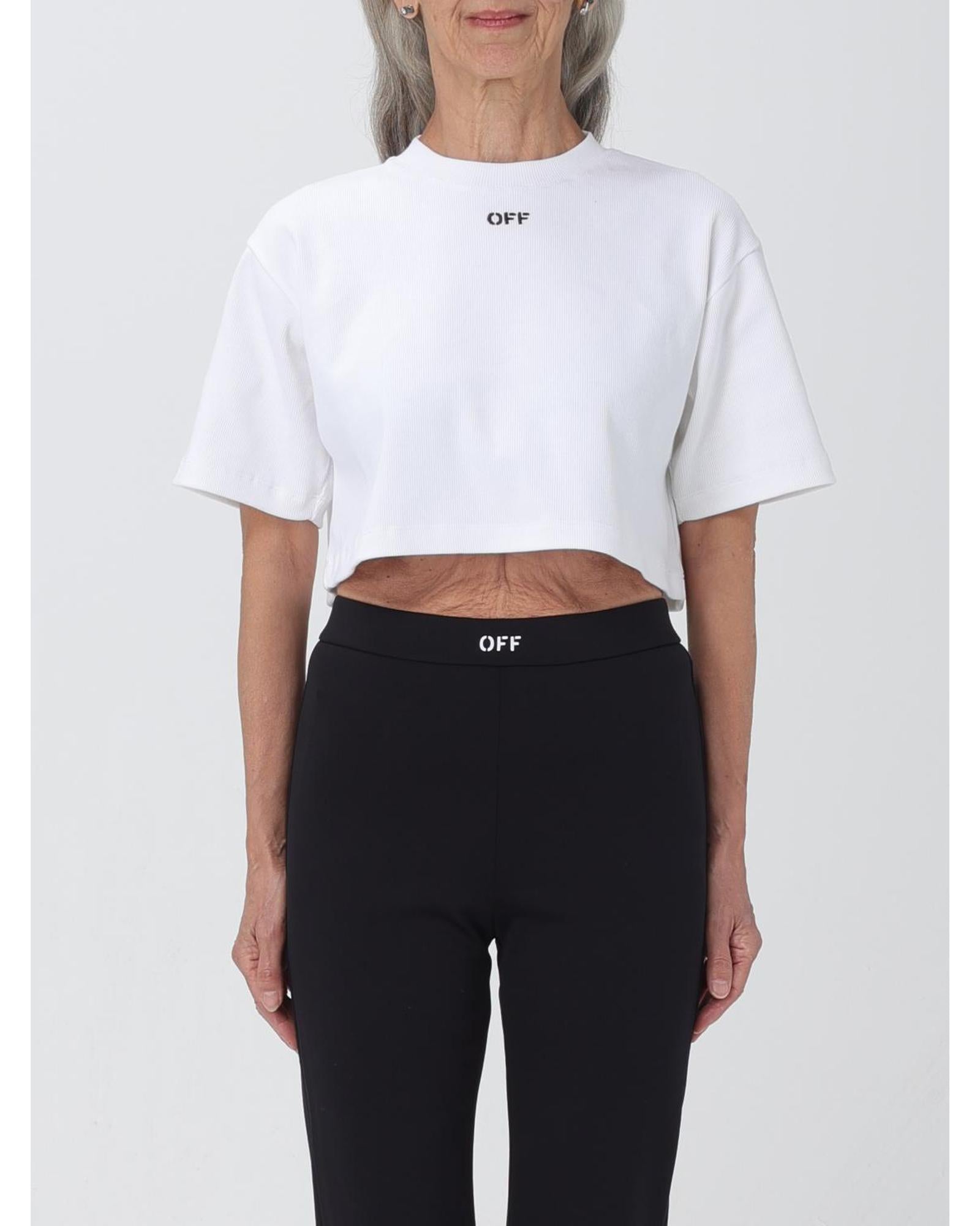Off-White Ribbed Crop Top Short Sleeves Women White T-Shirts