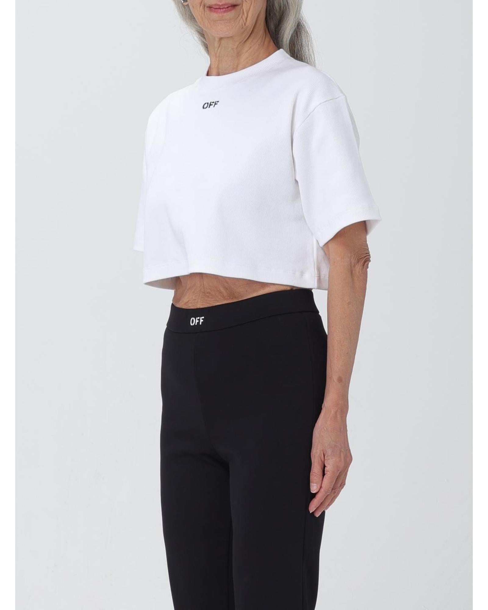 Off-White Ribbed Crop Top Short Sleeves Women White T-Shirts
