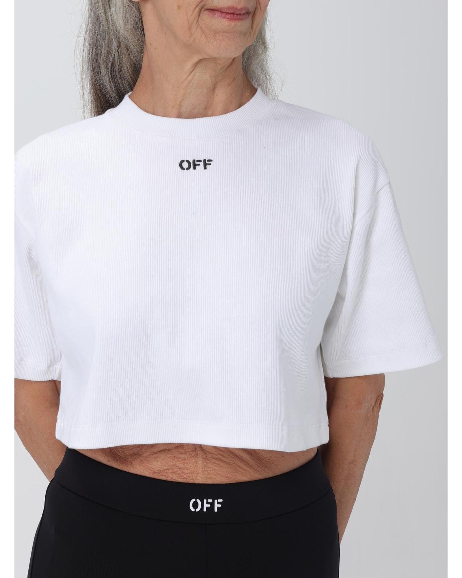 Off-White Ribbed Crop Top Short Sleeves Women White T-Shirts