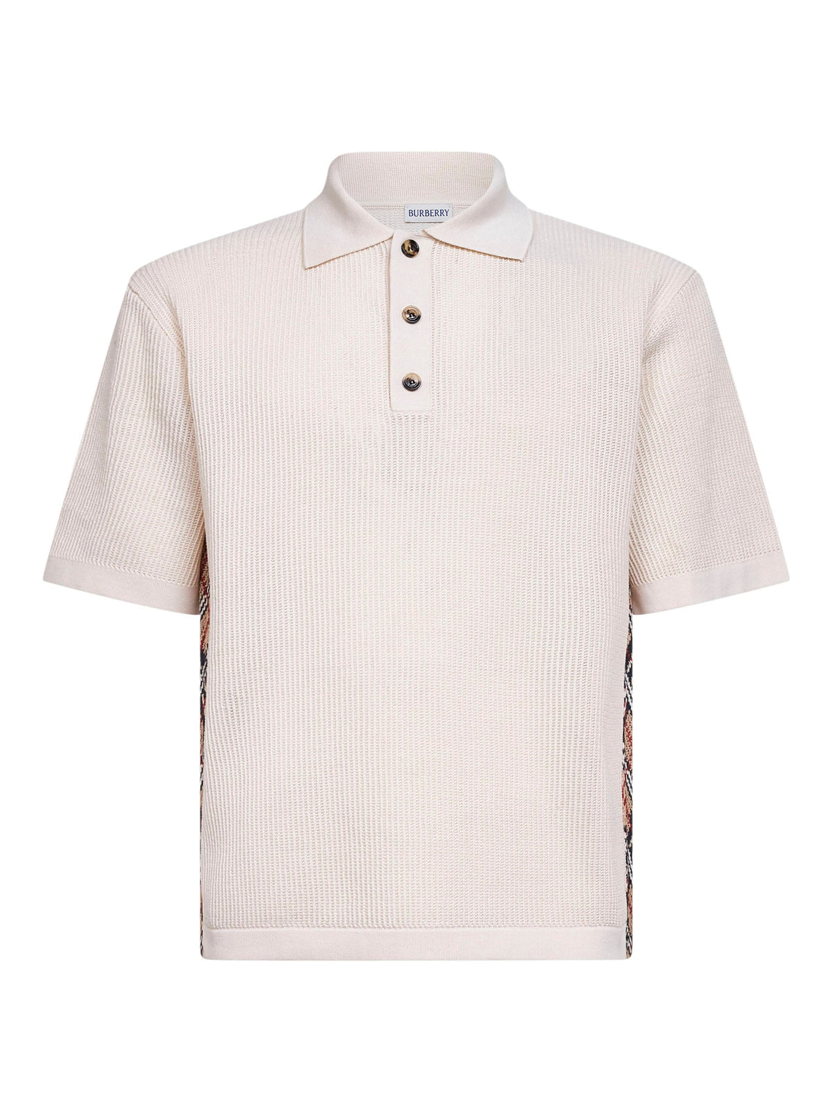 Burberry Men Beige Cotton Mesh Polo Shirt With Check Trims