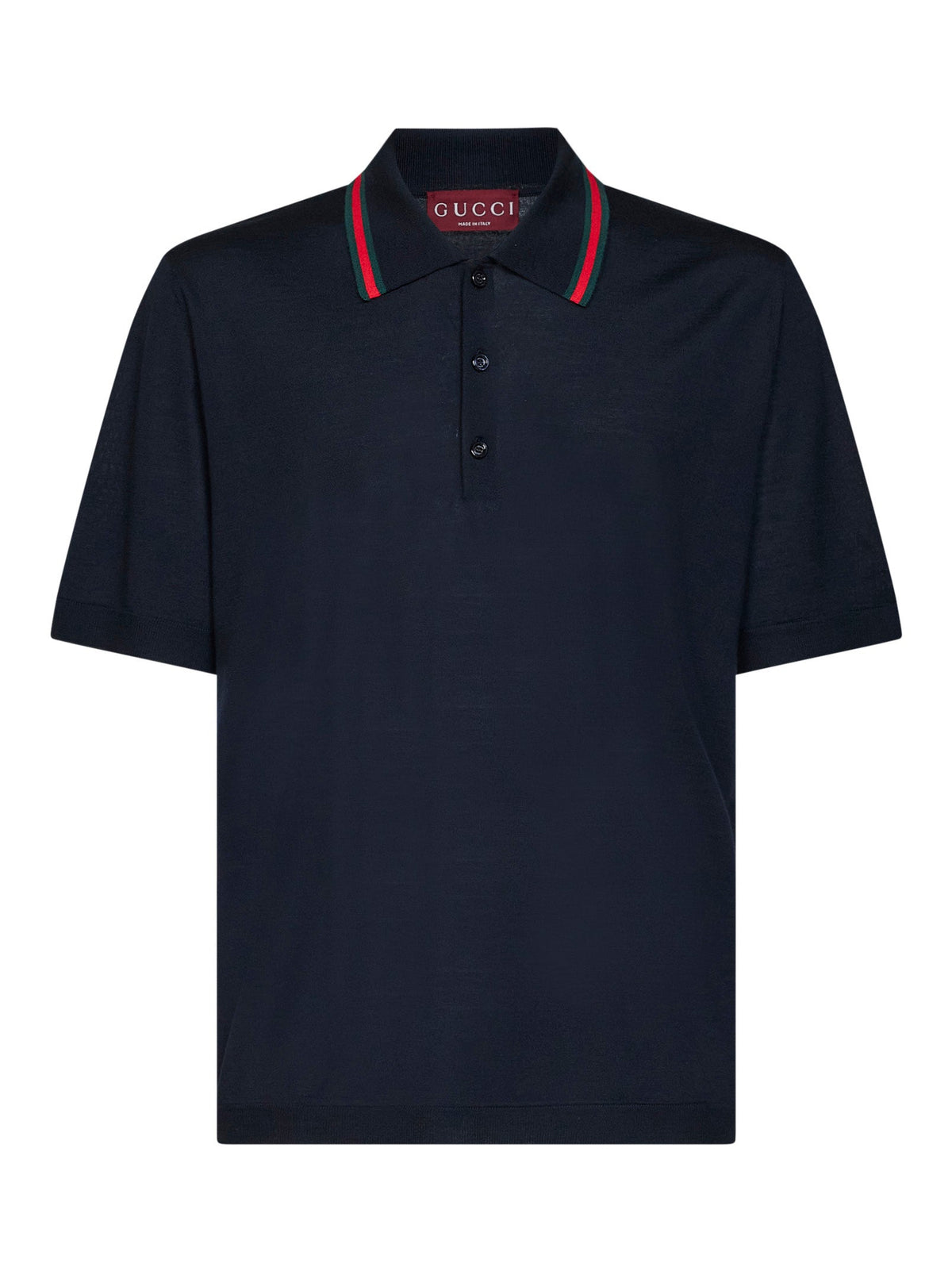 Gucci Men Dark Blue Wool Knit Polo With Web Pattern