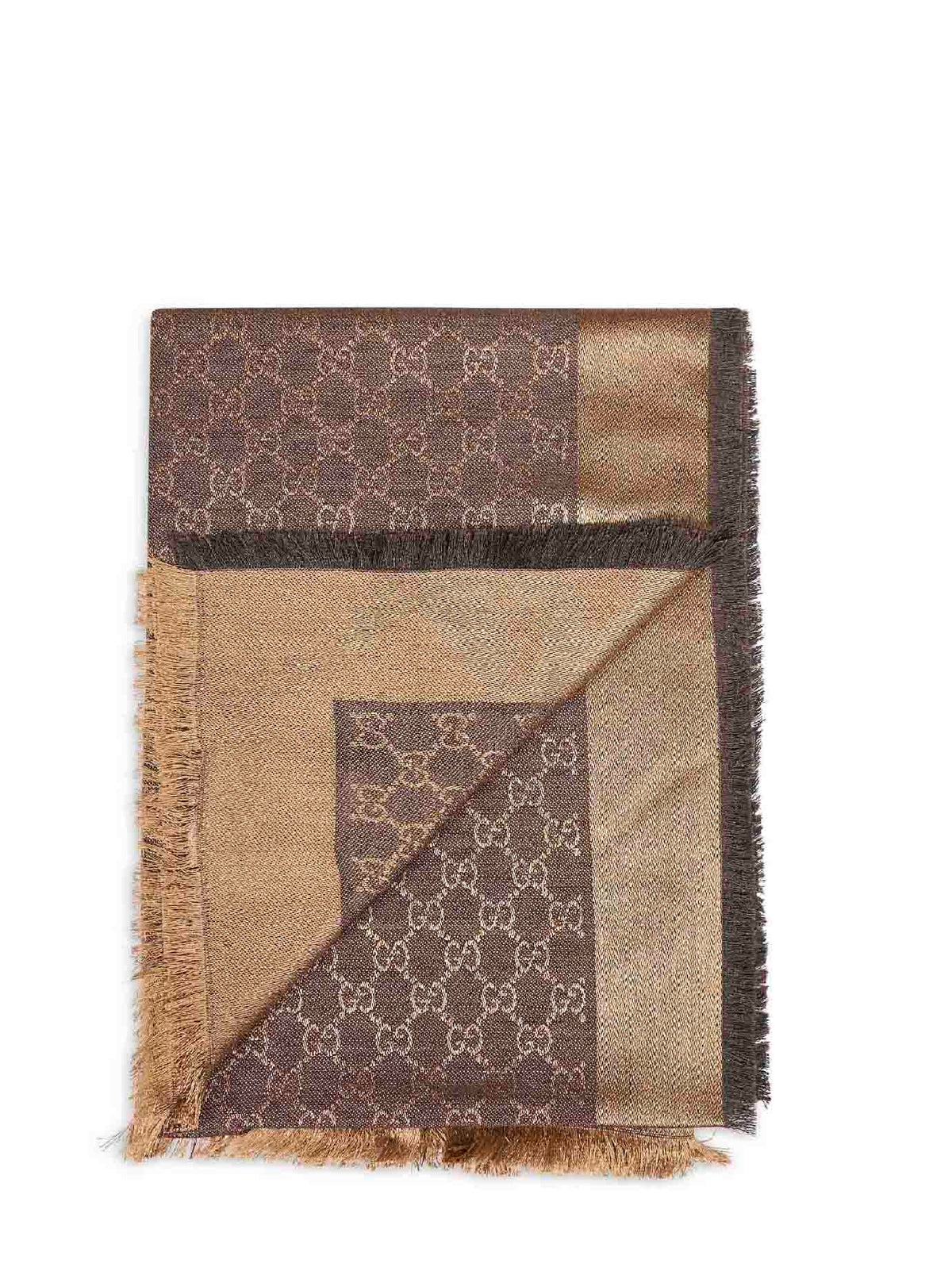 Gucci Women Brown And Beige Gg Silk And Wool Shawl