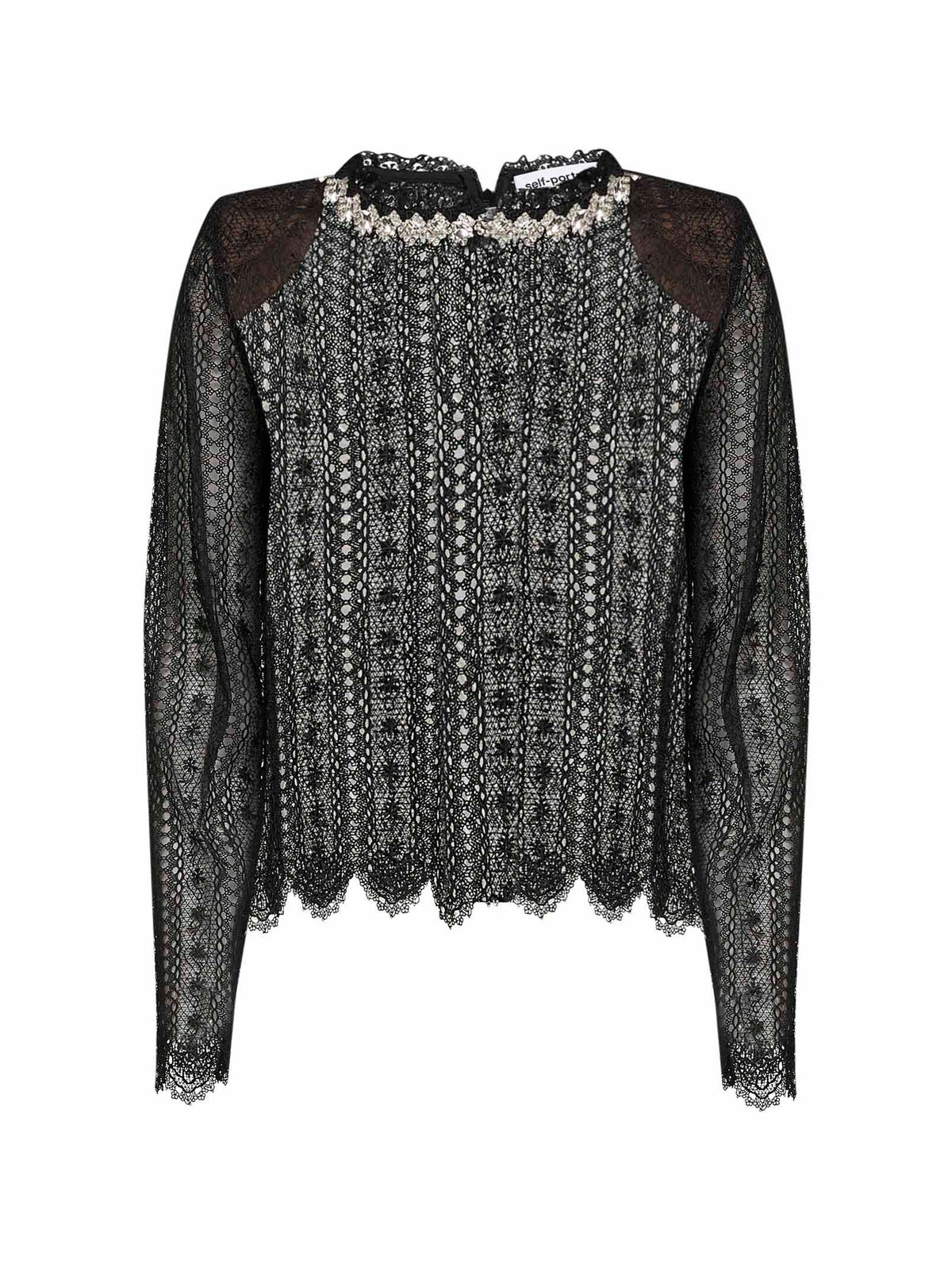 Self Portrait Women Black Organza Lace Crystal-Embellished Top