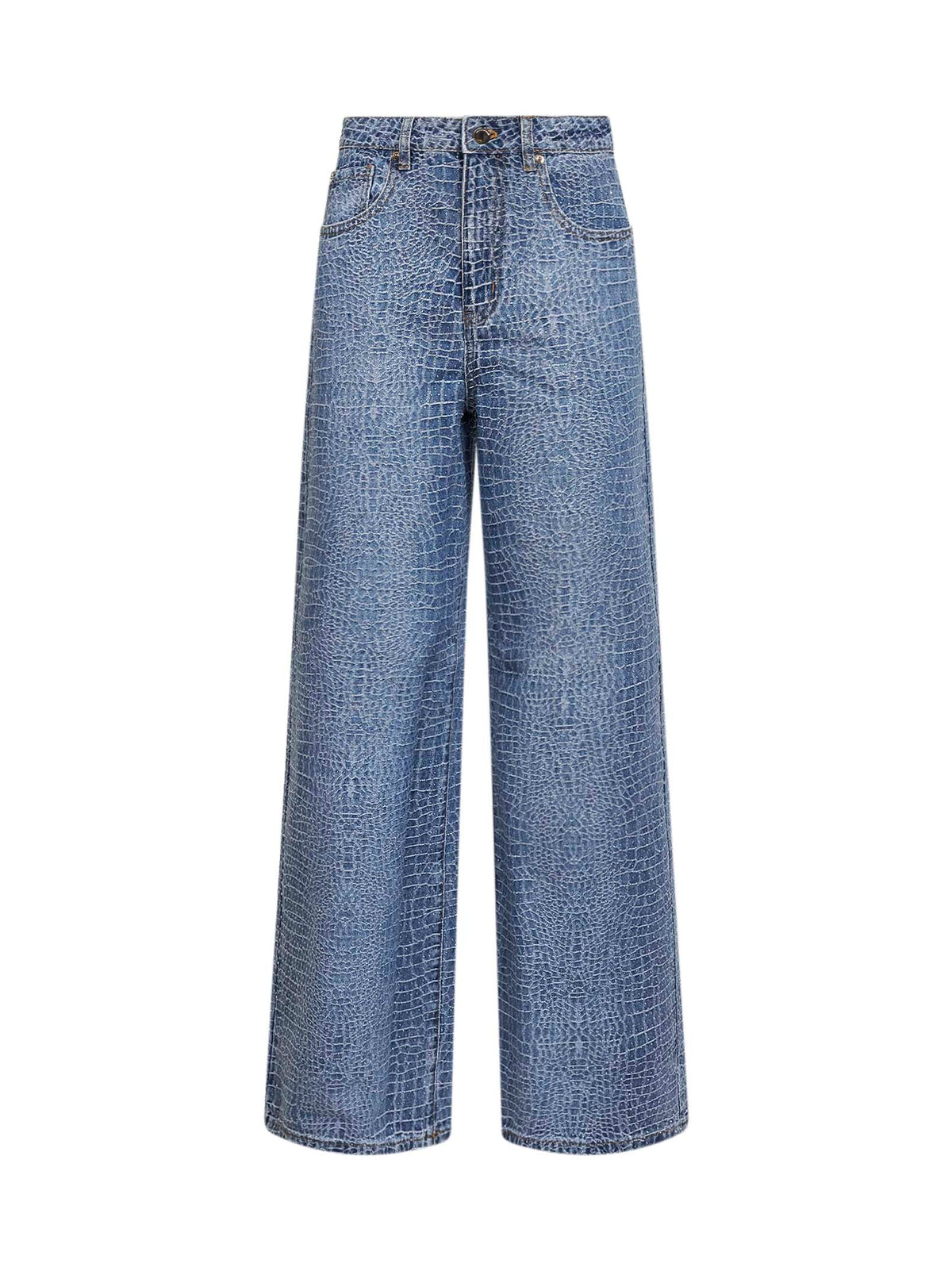 Self Portrait Women Blue Rhinestone Croc-Effect Stretch Denim Jeans